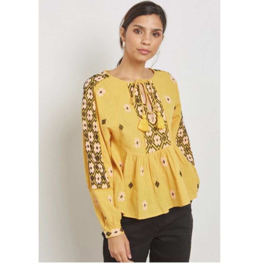Topshop Tie Neck Embroidered Top